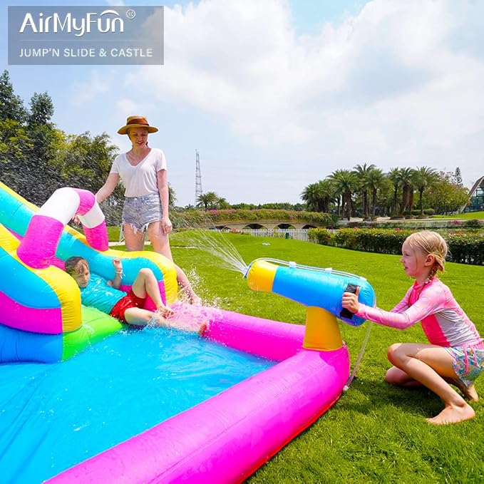 AirMyFun Inflatable Water Slide Pink Princess Bounce House for Big Kids 8-12 with Long Slide and Spray Water Gun for Kids Backyard Inflatable Bouncy Castle