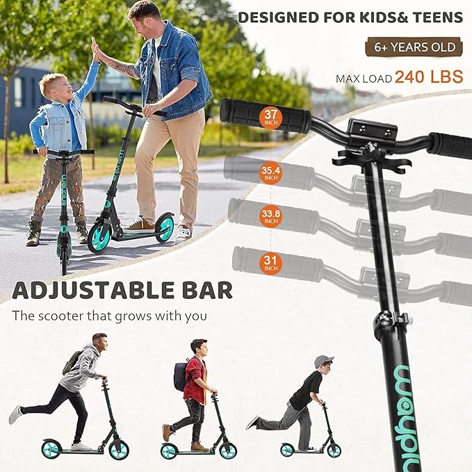 Kick Scooter for Ages 6+,Kid, Teens & Adults. Max Load 240 LBS. Foldable, Lightweight, 8IN Big Wheels for Kids, Teen and Adults, 4 Adjustable Levels. Bearing ABEC9