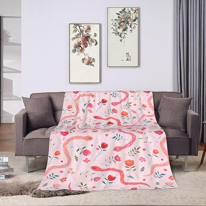 Cute Snake Reptile Blanket Ultra Soft Cozy Pink Flower Snake Throw Blanket Fleece Fuzzy Plush Bedding Blanket Real Snake Lovers Gifts for Women Girls Kids Adults Couch Sofa 60"x50"
