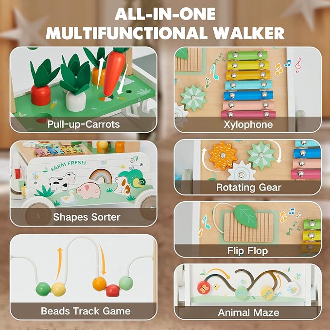 Wooden Baby Walker, Baby Push Walker, Adjustable Speed Baby Walker with Wheel, Toddler Activity Center Toys, Montessori Farm Walker Toy with Shape Sorter, Carrot Harvest for Boys and Girls