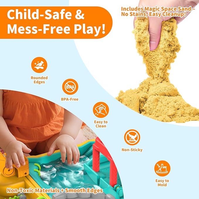 Construction Sandbox with 4 Trucks & Sand/Water Play-Foldable Portable Design Portable Beach & Backyard Toy for Ages 3-12, Outdoor Engineering Set with Rotating Crane for Kids