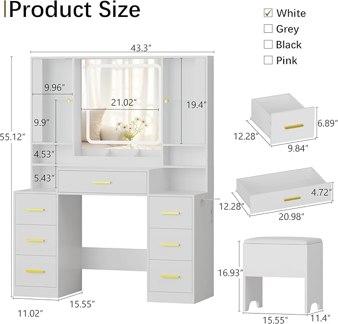 43'' Makeup Vanity with Mirror and Lights, White Vanity Desk with 7 Drawers & Charging Station, 3 Lighting Modes & Adjustable Brightness, Cushioned Stool, Dressing Table for Girls, Women, Teens