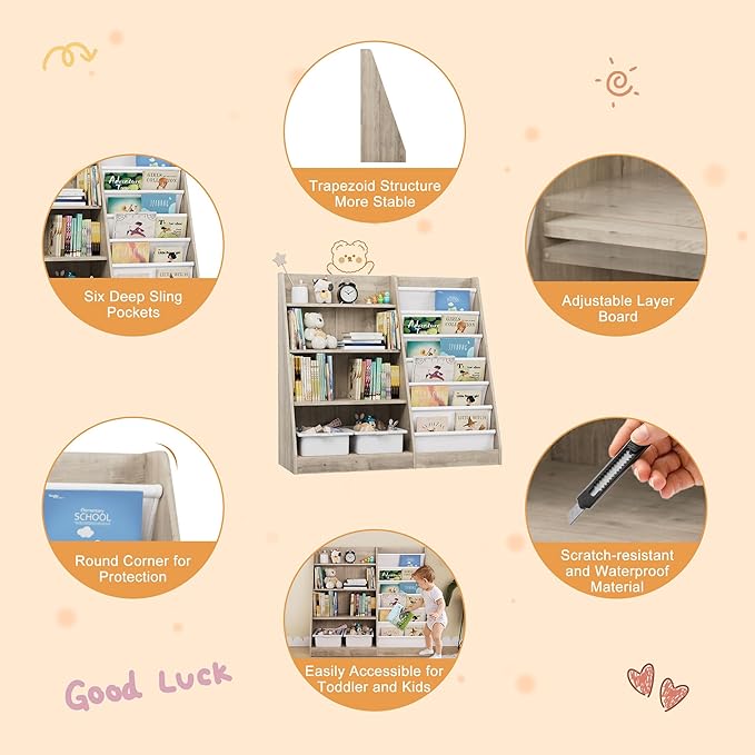 Kids Bookshelf Wood Toy Storage Organizer Cabinet Children Bookcase Toddler Baby Sling Book Rack Adjustable Shelf for Playroom Bedroom Nursery Hallway School Kindergarten