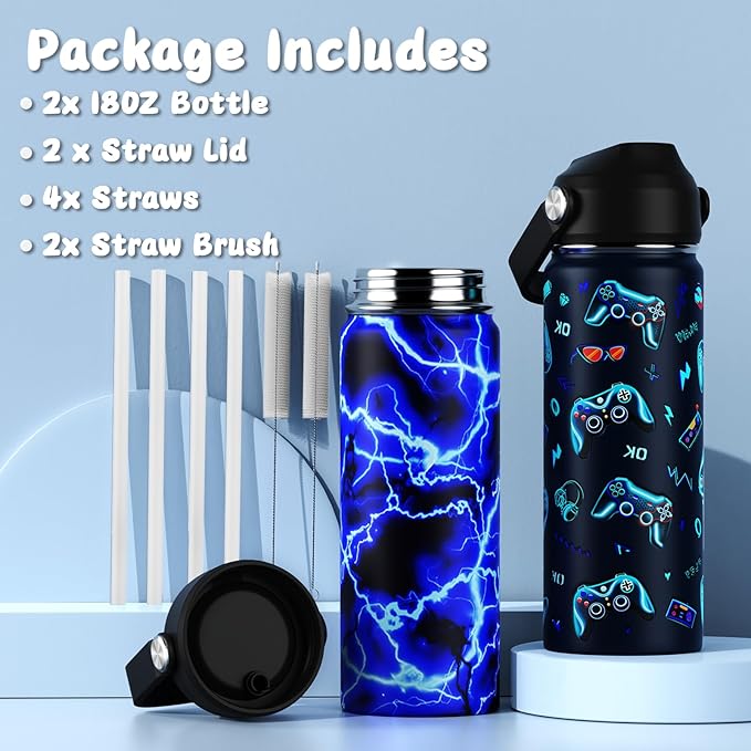 18oz Kids Insulated Water Bottle with Straw Lid - 18/8 Stainless Steel Kid Cup Travel Tumbler Double Wall Vacuum Leak Proof Portable Toddler Water Bottle (Lightning+Game）