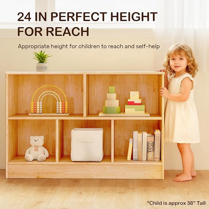 wingyz Montessori Bookshelf Rubber Soild Wood, 5-Section Wooden Storage Cabinet, 2 Shelf Bookcase Toy Storage Organizer, 35.4" L Montessori Shelf for Kids Rooms Classroom Nursery Daycare, Child-Safe