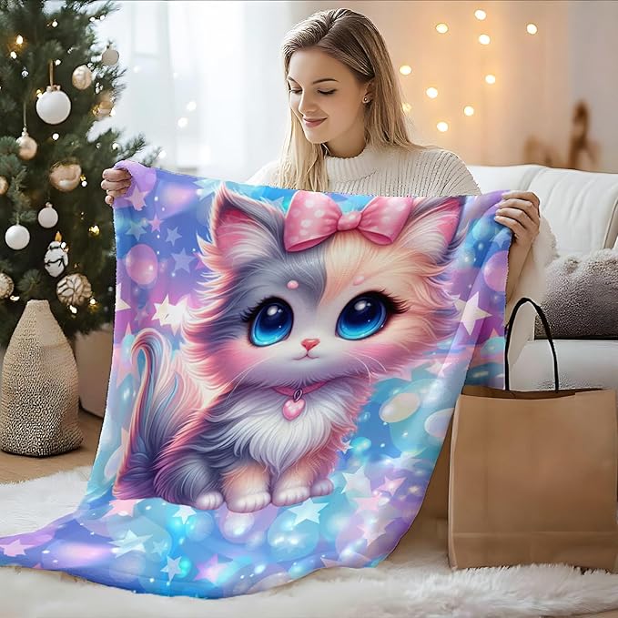 Kids Blankets Cute Cat Blanket for Girls 6-8 Gift for Daughter Granddaughter, Cozy Soft 50 x 40 Inches Lightweight Flannel Throws for Chair Travel Sofa Living Room