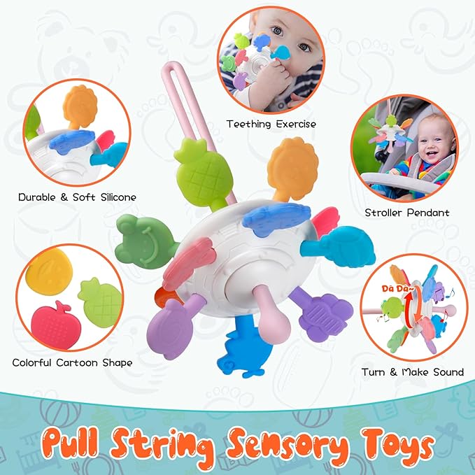 Montessori Baby Toys - Pull String Teether, Stacking Blocks, Sensory Shapes Storage Bin, Infant Bath Time Fun, 4 in 1 Toddlers Toy for Baby Boys Girls