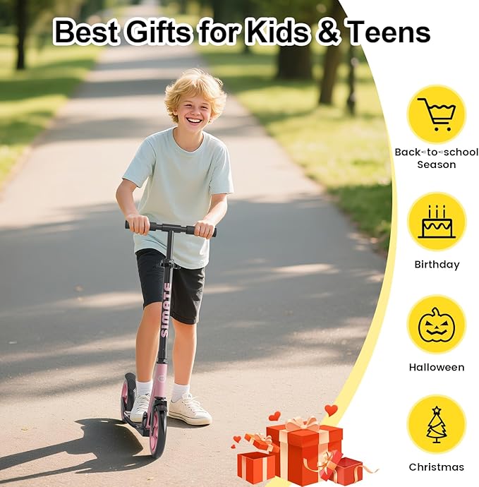 SIMATE Kick Scooter for Kids Teens & Adults, 4 Adjustable Heights, 8IN All Terrain Big Wheels, Foldable and Lightweight, Gifts for Girls Boys