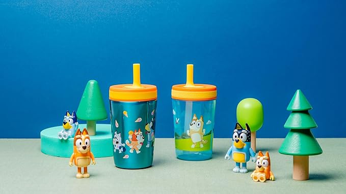 Zak Designs Bluey Kelso Tumbler Set, Leak-Proof Screw-On Lid with Straw, Bundle for Kids Includes Plastic and Stainless Steel Cups with Bonus Sipper, 3pc Set