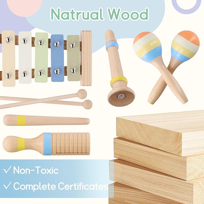 Montessori Wooden Musical Instruments for Toddlers 1-3, Baby Music Toy Set with Xylophone, Tambourine, Triangle, Clarinet, Maracas, Natural Sensory Educational Toys for Boys and Girls
