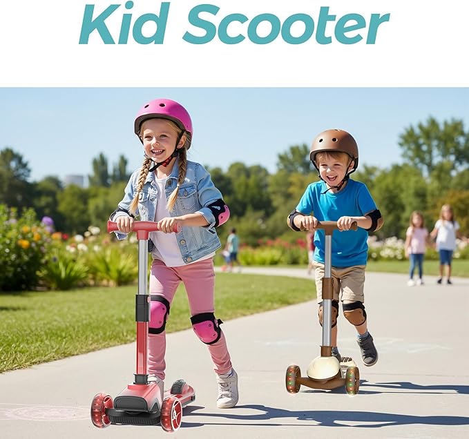 YING LU 3 Wheel Scooter for Kids, Adjustable Foldable Kids Kick Scooter with Luminous Tires & Rear Foot Brake, 50kg Capacity (Red)