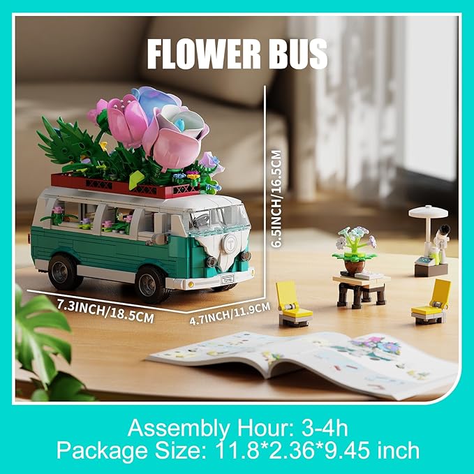 Flower Car Building Block Set, City Camper Van Building Set Botanical Collection Flowers Vehicles Blocks Toys Friends Creative Gift for Boys Girls 6-12 Years Old (862 pcs)