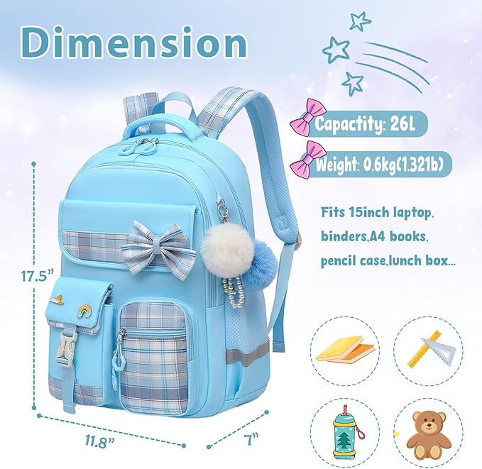 School Backpack for Girls Kids Bookbag for Elementary Middle School Casual Travel Daypack Teen Backpacks Blue