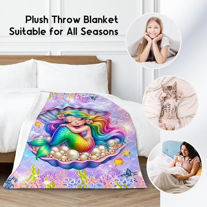 Girls Blanket Gifts, Mermaid Blanket for Girls, Mermaid Gifts for Kids, Fluffy Flannel Throw for Sofa Living Room, 50"x60"