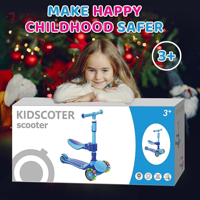 2-in-1 Adjustable Kick Scooter for Kids 3-5 (Suitable 3-12 Years),5-Level Handlebar & Removable Seat, LED Light-Up Wheels, Wide Deck, Foldable Design for Indoor/Outdoor Use - Girls & Boys