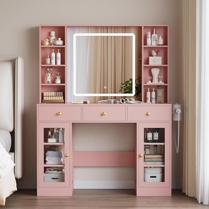 Vanity Desk with Mirror and Lights, White Makeup Vanity with Glass Top & Drawers, 3 Lighting Modes, Power Outlet, RGB Glass Cabinets, Modern Dressing Table for Girls, Women, Teens