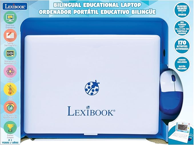Lexibook - Bilingual and Educational Laptop English/Spanish - Toy for Children, 170 Activities to Learn Languages, Mathematics, Logic, Clock Reading, Play Games and Music, Large Screen - JC599i2