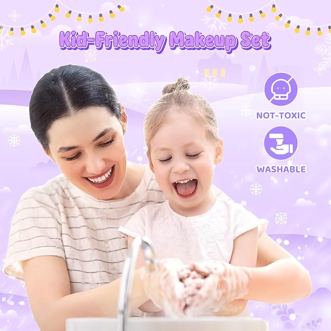 GirlsHome Kids Makeup Set for Girl 56 Pcs Washable Real Cosmetic, Non-Toxic Frozen Toys Toddler Makeup Kit, Frozen Princess Dress up Kit Christmas & Birthday Girl Gift for 3-12 (Frozen Purple)