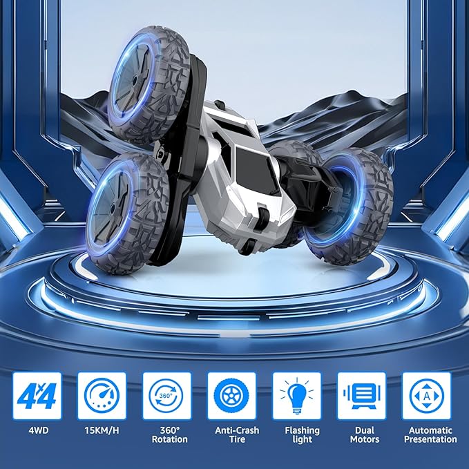 Remote Control Car for Boys, RC Monster Truck, USB Rechargeable 4WD RC Cars, 2.4Ghz Double Sided 360° Rotating Stunt Car, RC Cyber Toy Vehicle with LED Lights, Xmas/Birthday Gift for Kids Age 3+