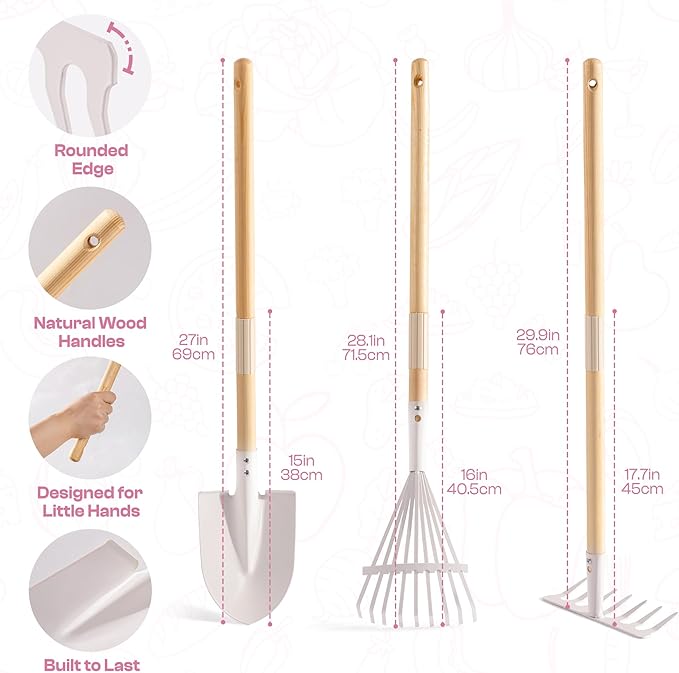 ROBOTIME Kids Wheelbarrow with Gardening Set – Metal Wheelbarrow Toddler Outdoor Play Toy with Garden Tools, Watering Can & Plant Labels, Pretend Play Yard Equipment for Boys and Girls (Pink)