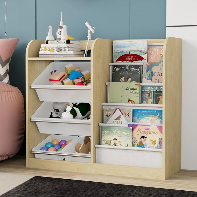 Natural Kids Wood Bookshelf Toy Storage Box Organizer Shelf W/4 Removable Plastic Toy Bins Children Bookcase Toddler Baby Sling Book Rack Cabinet Chest Girl Boy Gift Playroom Classroom Bedroom Nursery