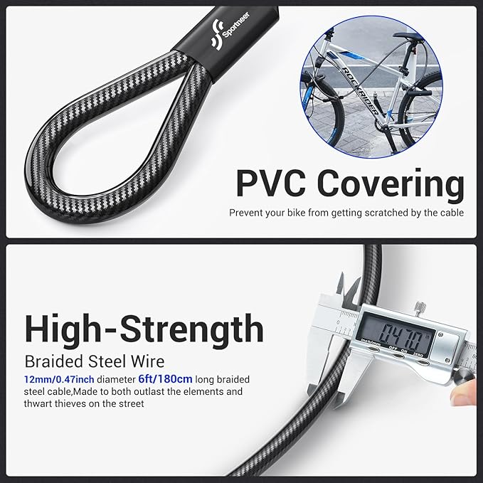 Sportneer Bike Lock: Heavy Duty Bike U Lock with 6ft Security Steel Cable - 18mm Shackle Bicycle U-Locks with Keys and Sturdy Mounting Bracket for Road Mountain Bike Bicycle, Size 11.5''x6.25''