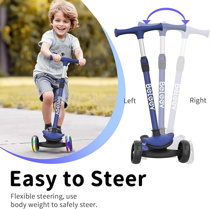 BELEEV A8 Scooter for Kids Ages 3-12, 3 Wheel Folding Scooter for Toddlers Girls Boys, LED Light-Up Wheels, 4 Adjustable Height, Lean to Steer, Extra Wide Wheels, Three Wheel Kick Scooter for Children