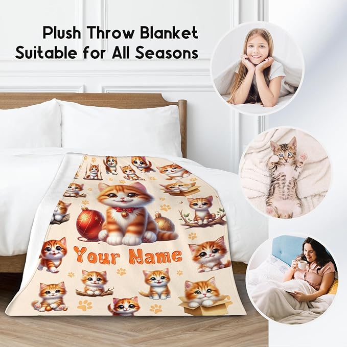 Girls Blankets Gifts Personalized Cat Blanket for Cat Lovers Toddlers Granddaughter, Custom Gifts with Name, 30"x40" Cute Flannel Kids Throw for Couch Sofa