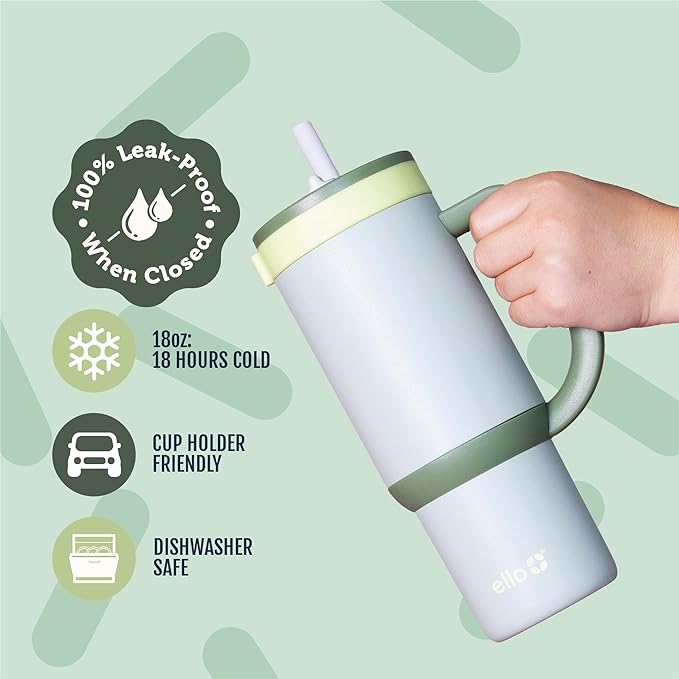 Ello Oasis 18oz Stainless Steel Kids Tumbler with Handle & Retracting Straw, 100% Leakproof, Double-Wall Vacuum Insulated, Kids Water Bottle for School, BPA Free, Dishwasher Safe, Avocado