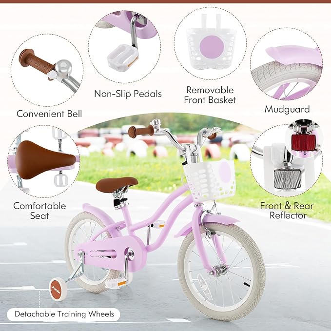 COSTWAY Kids Bike, 12 14 16 18 Inch Toddler Bike Children Bicycle w/Training Wheels, Hand & Coaster Brakes, Adjustable Saddle & Handlebar, Basket, Bell, Kids Bicycle for Girls Boys Aged 3-8 Years Old