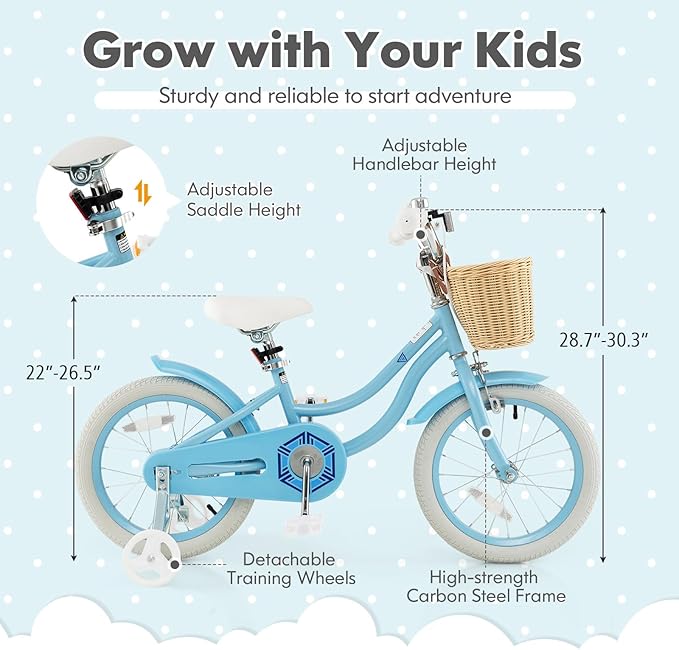 COSTWAY Kids Bike, 14 16 18 Inch Toddler Bike with Training Wheels, Basket, Adjustable Seat & Handlebar, Hand & Coaster Brakes, Bell, for Girl Boy Aged 3-8 Years Old