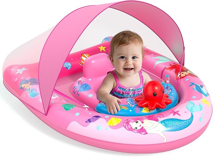 Sunrad Baby Pool Float with Canopy UPF50+ Sun Protection, Inflatable Baby Swim Float with Toy Play Console & Adjustable Safety Seat, Toddler Infant Pool Floaties for 6-36 Months