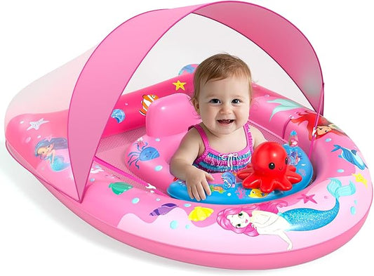 Sunrad Baby Pool Float with Canopy UPF50+ Sun Protection, Inflatable Baby Swim Float with Toy Play Console & Adjustable Safety Seat, Toddler Infant Pool Floaties for 6-36 Months
