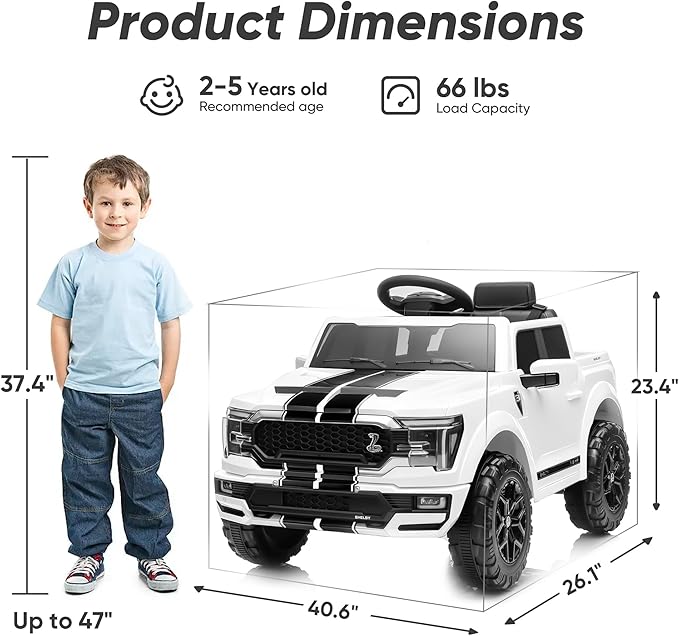 Licensed Ford Shelby F-150 24V Kids Ride on Toy, Electric Car for Kids with Remote Control, 400W Motors - White
