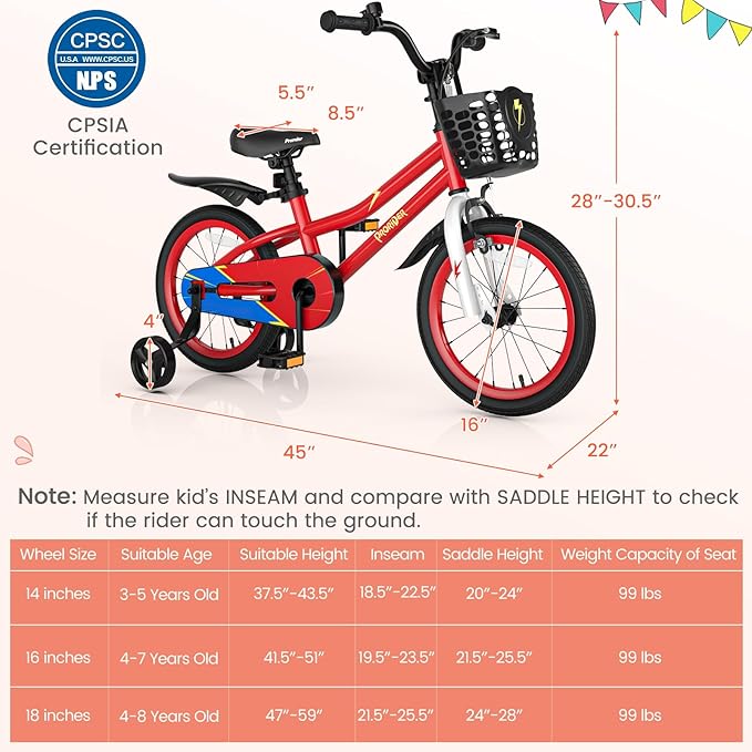 BABY JOY Kids Bike, 12 14 16 18 Inch Children Bikes for Boys Girls Age 3-8 Years w/Training Wheels, Handbrake, Coaster Brake & Removable Basket, Kids Bicycle of Multiple Colors