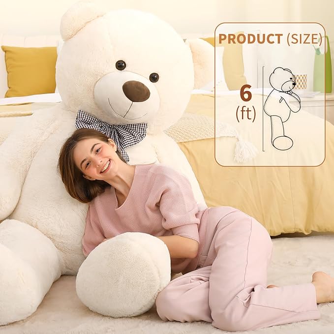 MaoGoLan Giant White Teddy Bear Stuffed Animal 6 Feet,Soft Cuddly Smiling Face Big Life Size Valentines Teddy Bear Plush Gift for Boyfriend Girlfriend,Brithday