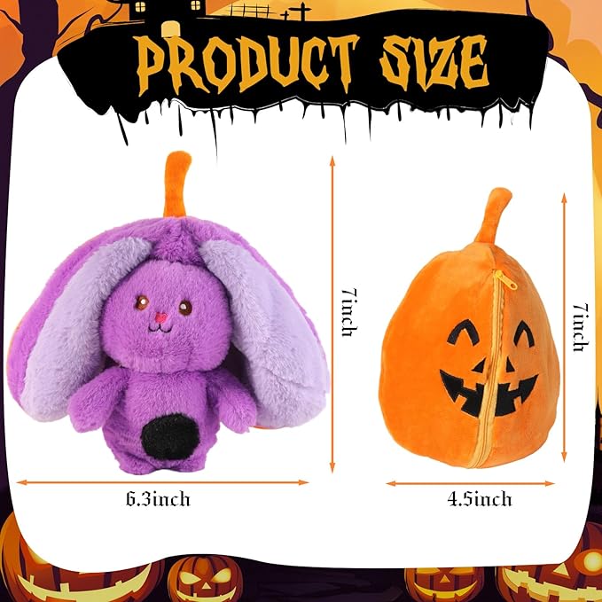2-in-1 Transforming Plush Toy with Zipper, Reversible Pumpkin to Bunny Stuffed Animal, Soft Surprise Plushie for Kids, Cute Holiday Stocking Stuffer for Boys and Girls