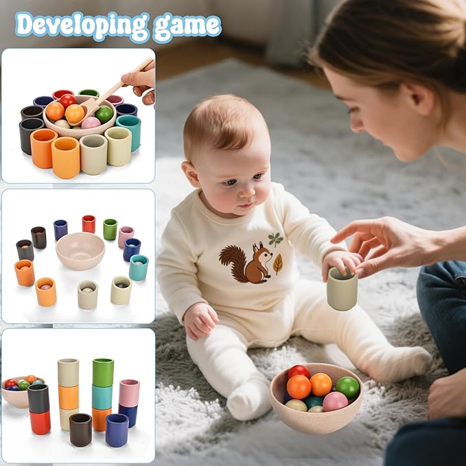 Montessori Toys for 1-3 Year,3 in 1 Wooden Learning Fine Motor Skills Toys Rainbow Color Sorting Toy for Toddlers - Preschool Color Matching, Educational Color Recognition ShapeSorter Boys Girls Gifts