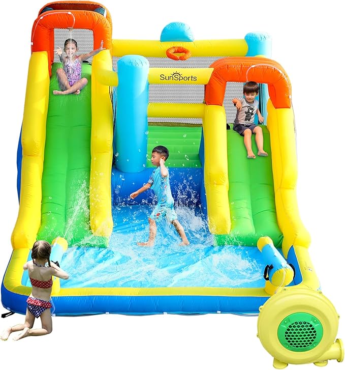 Inflatable Water Slide,Bouncy Castle for Kids Outdoor,7 in 1 Dual Waterslide Bounce House with Water Cannon,Inflatable Water Park with Jump House,Water Slides for Kids Backyard Party