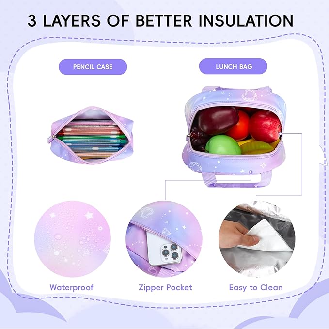 Tanou Backpack with Lunch Box for Girls, Kawaii Set School Bag for Kid Elementary Middle School, Aesthetic Laptop Bookbag Lightweight, Purple