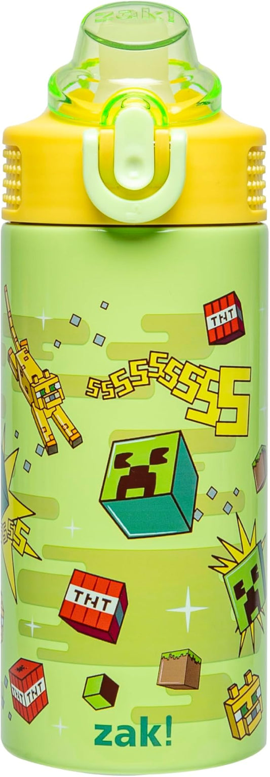 Zak Designs Minecraft Sage Kids Water Bottle For School or Travel, 14oz Stainless Steel Water Bottle With Straw, Handle, and Leak-Proof, Pop-Up Spout Cover (Creeper)