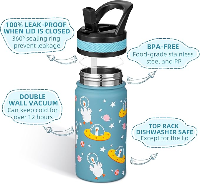 Fanhaw 14 Oz Kids Insulated Water Bottle with Straw - Stainless Steel Double Wall Vacuum Cup, Leakproof, BPA Free, Suitable for Boys and Girls(Cyan - Duck in Space)
