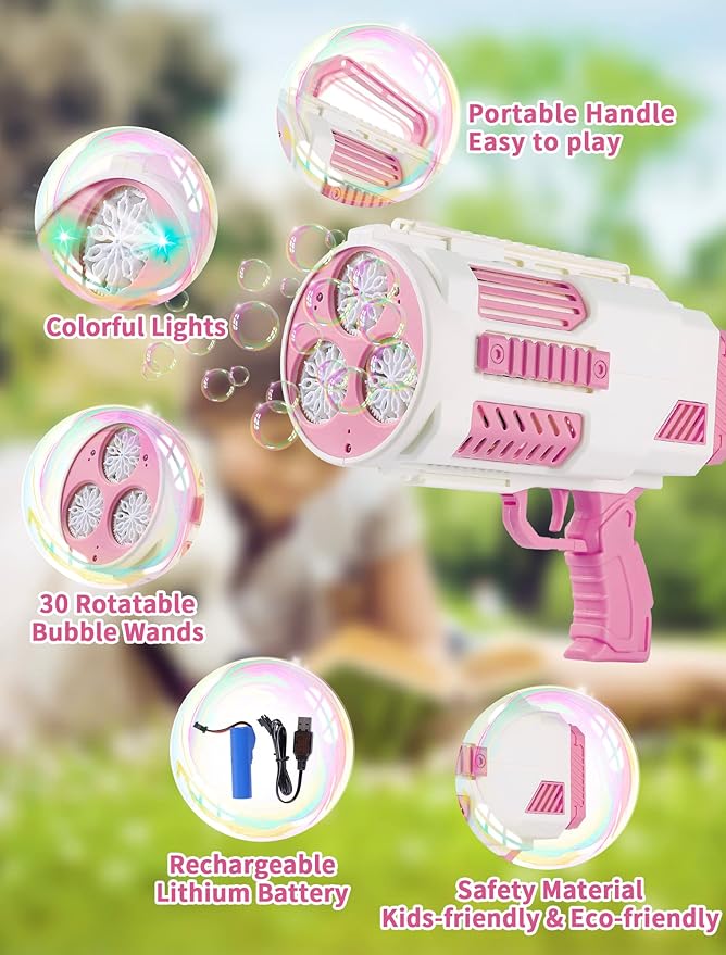 Upgraded Bubble Machine Gun - Auto Bubble Blower, 8000+ Bubbles Per Minute for Kids & Adults Indoor/Outdoor Party Halloween Toys- Pink
