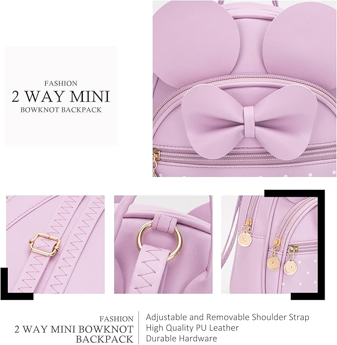 KL928 Girls Mini Backpack Bowknot Polka Dot Cute Small Daypacks Convertible Shoulder Bag Purse for Women