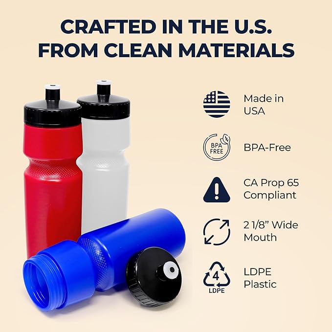 Rolling Sands USA Made Reusable 24 oz Sports Water Bottles, 3 Pack, BPA-Free, Easy Open Pull-Top, Fits Most Bike Cages, Dishwasher Safe, Lightweight - for Kids to Adults, Red
