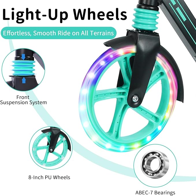 BELEEV V5 Plus Scooters for Kids Ages 6+, Teens with Light-Up Wheels & Deck, 2 Wheel Folding Lightweight Sport Scooter with 4 Adjustable Height, 8-inch Big Wheels, Carry Strap, Max Load 220 lbs