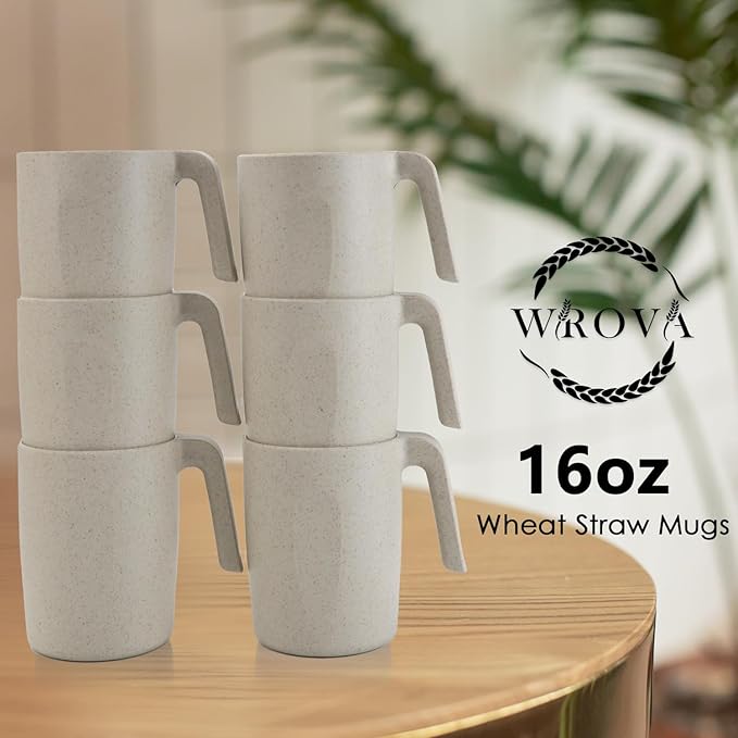 16oz Wheat Straw Cups with handles set of 6-Plastic Cups Reusable-Unbreakable Kids Mugs-Dishwasher Safe & Microwave Safe-Ideal Plastic Mugs for Tea,Coffee,Camping,RV-Beige
