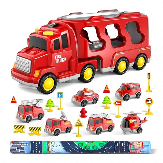 Bennol Toddler Car Toys for 1 2 3 4 5 6 Years Old Boys, 7 in 1 Fire Car Trucks Playset with Play Mat & Accesoories, Birthday Gifts for Toddlers Kids Boys Girls Age 1-3 3-5