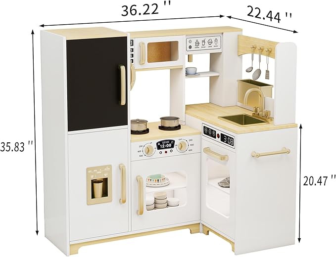 Kids Kitchen Playset with Lights & Sounds, Wooden Corner Play Kitchen with Sink,Oven, Ice Maker & Pretend Play Accessories, Educational Toy Kitchen Set for Toddlers, White