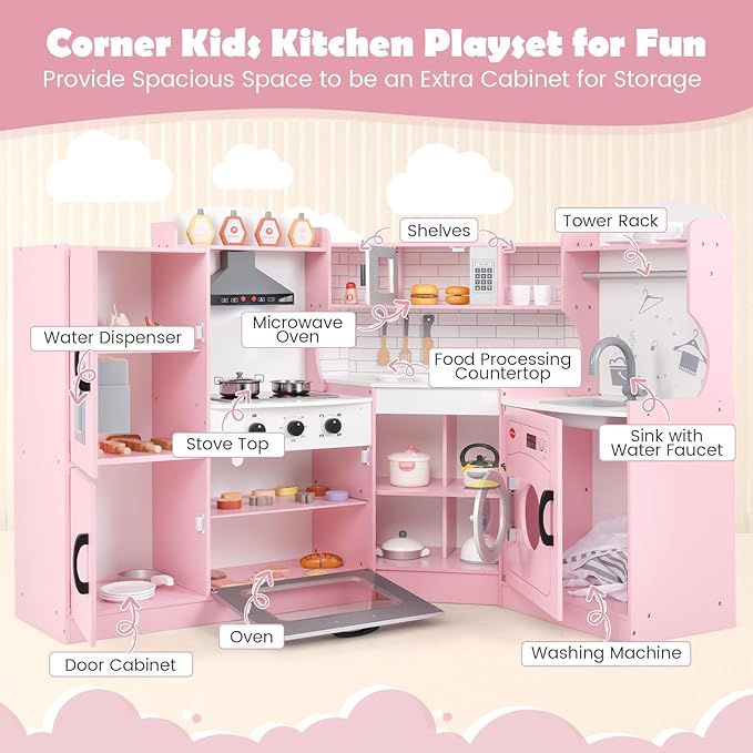 GLACER Corner Kids Kitchen Playset, Wooden Play Kitchen with Washing Machine, Ice Maker, Microwave, Oven, Sink & Facet, Pretend Toy Kitchen Set with Sounds & Lights for Toddler